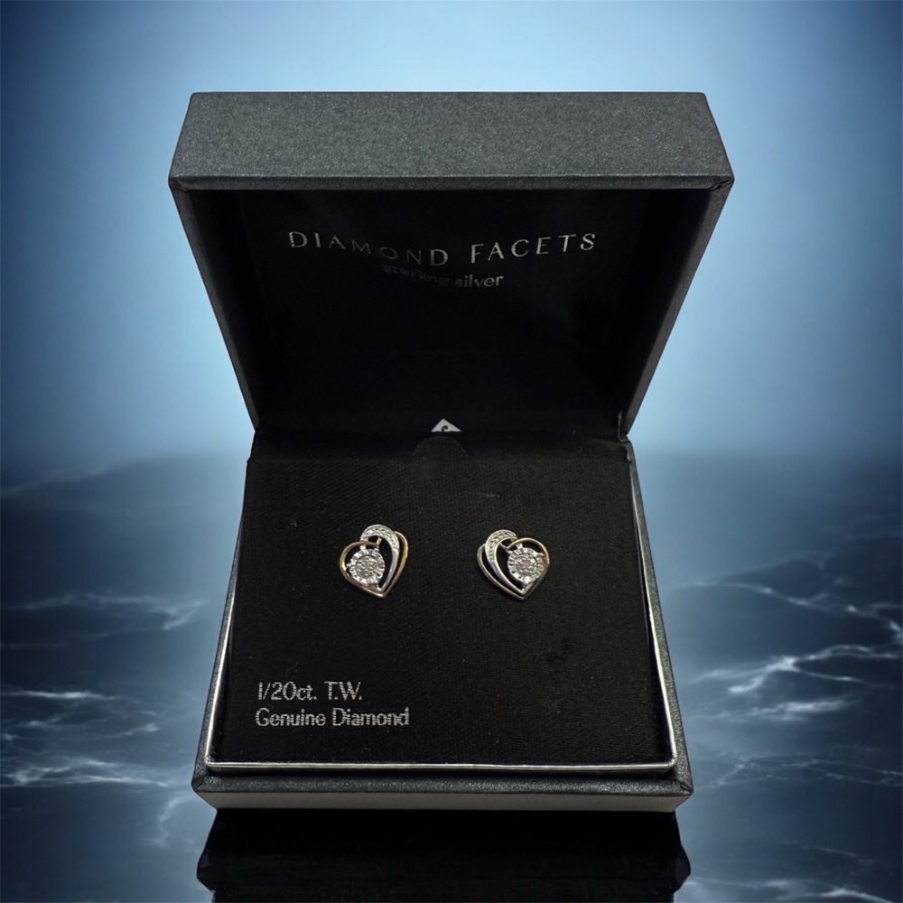 Sterling Silver 2 Tone Heart Earrings 1/20 TW Diamond